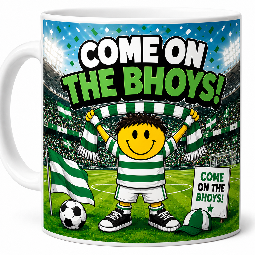 Come On The Bhoys Football Fan Mug – Funny Green & White Cartoon Supporter Mug – Stadium Football Coffee Cup – Celtic Inspired Gift 11oz