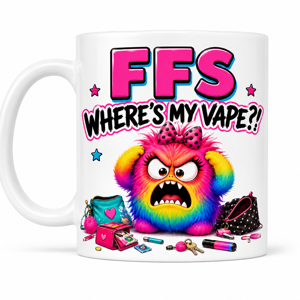 FFS Where's My Vape? Mug – Funny Vape Lover Coffee Mug – Colourful Monster Design – Novelty Gift for Her – Tea & Coffee Cup 11oz
