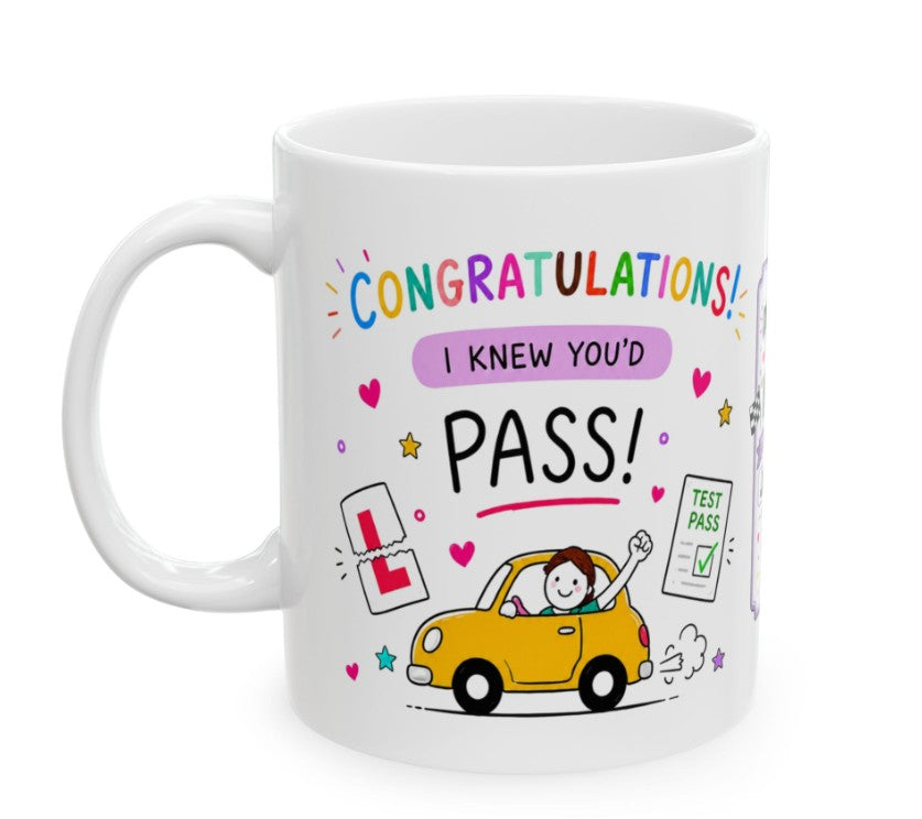 Personalised Driving Test Pass Mug – Cute Yellow Car Design – Congratulations New Driver Gift – Fun Learner Passing Present 11oz, Her, Sister, Daughter